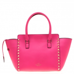 Pre Owned Valentino  Neon Pink Leather Small Rockstud Tote Bag