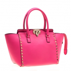 Pre Owned Valentino  Neon Pink Leather Small Rockstud Tote Bag