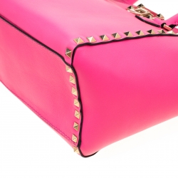 Pre Owned Valentino  Neon Pink Leather Small Rockstud Tote Bag