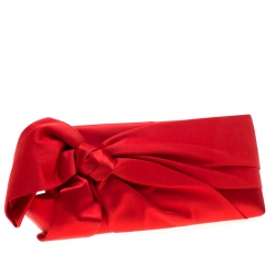 Pre Owned Valentino Red Satin Pleated Bow Clutch