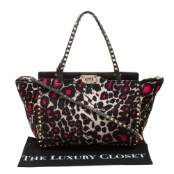 Pre Owned Valentino Black/Pink Leopard Print Calfhair Rockstud Tote