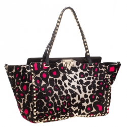 Pre Owned Valentino Black/Pink Leopard Print Calfhair Rockstud Tote