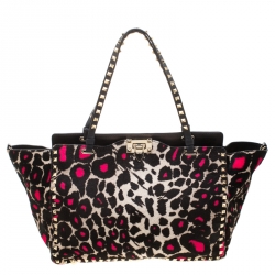 Pre Owned Valentino Black/Pink Leopard Print Calfhair Rockstud Tote