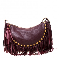 Pre Owned Valentino Burgundy Leather C Rockee Studded Fringe Hobo