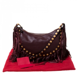 Pre Owned Valentino Burgundy Leather C Rockee Studded Fringe Hobo