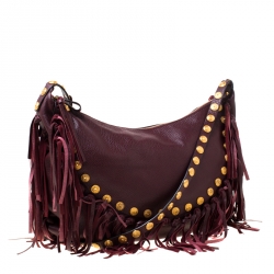 Pre Owned Valentino Burgundy Leather C Rockee Studded Fringe Hobo