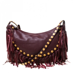 Pre Owned Valentino Burgundy Leather C Rockee Studded Fringe Hobo