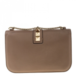 Pre Owned Valentino Beige Leather Medium Rockstud Lock Flap Bag