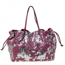 Pre Owned Valentino Burgundy/Silver Sequins Embellished Fabric and Leather Tote