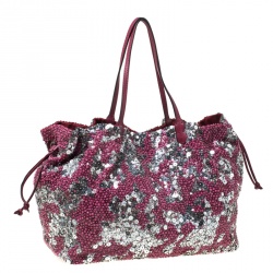 Pre Owned Valentino Burgundy/Silver Sequins Embellished Fabric and Leather Tote