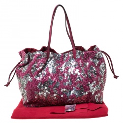 Pre Owned Valentino Burgundy/Silver Sequins Embellished Fabric and Leather Tote