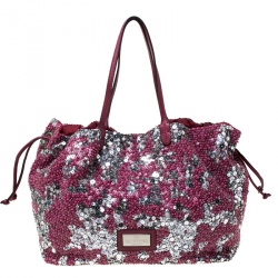Pre Owned Valentino Burgundy/Silver Sequins Embellished Fabric and Leather Tote