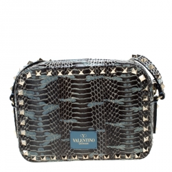 Pre Owned Valentino Black/Blue Python Embossed Leather Studded Crossbody Bag
