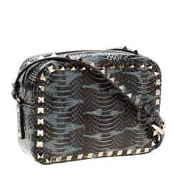 Pre Owned Valentino Black/Blue Python Embossed Leather Studded Crossbody Bag