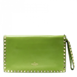 Pre Owned Valentino Lime Green Leather Rockstud Wristlet Clutch
