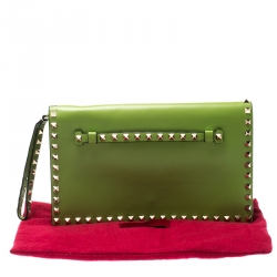 Pre Owned Valentino Lime Green Leather Rockstud Wristlet Clutch