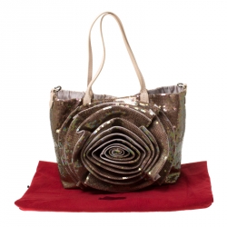 Pre Owned Valentino Beige/Bronze Sequins and Leather Petale Tote