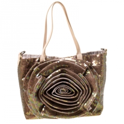 Pre Owned Valentino Beige/Bronze Sequins and Leather Petale Tote