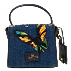 Pre Owned Valentino Blue Embroidered Butterfly Fabric and Leather  My Rockstud Crossbody Bag