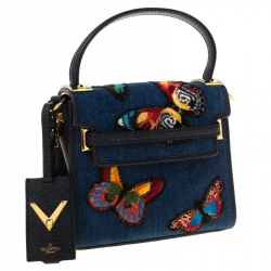 Pre Owned Valentino Blue Embroidered Butterfly Fabric and Leather  My Rockstud Crossbody Bag