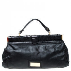 Pre Owned Valentino Black Floral Applique Leather Top Handle Bag
