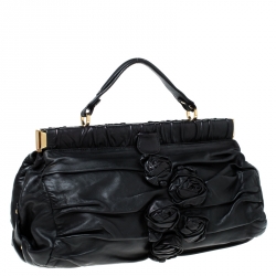 Pre Owned Valentino Black Floral Applique Leather Top Handle Bag