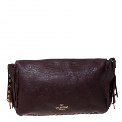 Pre Owned Valentino Burgundy Leather C-Rockee Scarab Fringe Shoulder Bag