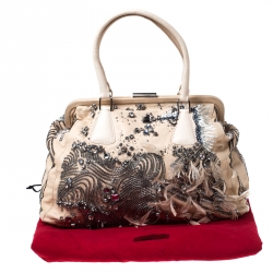 Pre Owned Valentino Beige Leather Embellished and Feather Alice Glam Frame Bag