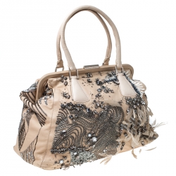 Pre Owned Valentino Beige Leather Embellished and Feather Alice Glam Frame Bag