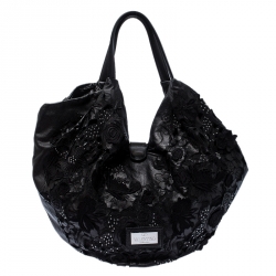 Pre Owned Valentino Black Lace/Beads and Leather Hobo