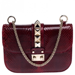 Pre Owned Valentino Red Rockstud Python Small Glam Lock Flap Bag