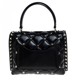 Pre Owned Valentino Black Quilted Leather Medium Candystud Top Handle Bag