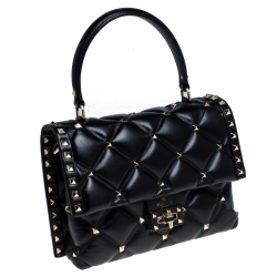 Pre Owned Valentino Black Quilted Leather Medium Candystud Top Handle Bag