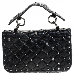 Pre Owned Valentino Black Quilted Soft Crackle Leather Small Rockstud Spike Shoulder Bag