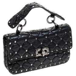 Pre Owned Valentino Black Quilted Soft Crackle Leather Small Rockstud Spike Shoulder Bag