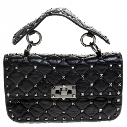 Pre Owned Valentino Black Quilted Soft Crackle Leather Small Rockstud Spike Shoulder Bag