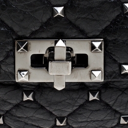 Pre Owned Valentino Black Quilted Soft Crackle Leather Small Rockstud Spike Shoulder Bag