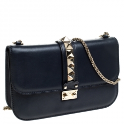 Pre Owned Valentino Navy Blue Leather Glam Lock Chain Shoulder Bag