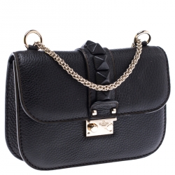 Pre Owned Valentino Black Leather Small Rockstud Glam Lock Flap Bag