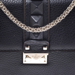 Pre Owned Valentino Black Leather Small Rockstud Glam Lock Flap Bag