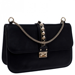 Pre Owned Valentino Black Leather Rockstud Glam Lock Large Flap Bag