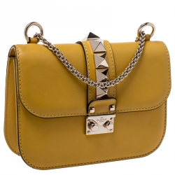 Pre Owned Valentino Yellow Leather Small Glam Lock Flap Bag
