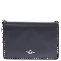 Pre Owned Valentino Grey Leather Studded Flap Crossbody Bag