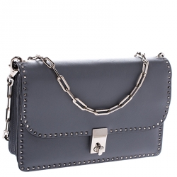 Pre Owned Valentino Grey Leather Studded Flap Crossbody Bag