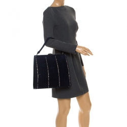 Pre Owned  Valentino Navy Blue Suede Crystal Embellished Satchel