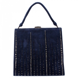 Pre Owned  Valentino Navy Blue Suede Crystal Embellished Satchel