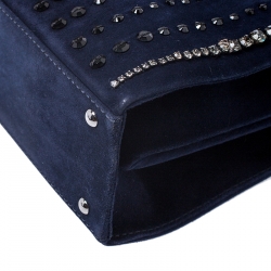 Pre Owned  Valentino Navy Blue Suede Crystal Embellished Satchel