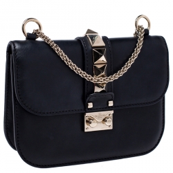 Pre Owned Valentino Black Leather Small Rockstud Glam Lock Flap Bag