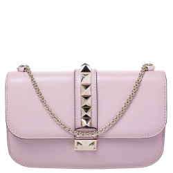 Pre Owned Valentino Pink Leather Rockstud Medium Glam Lock Flap Bag