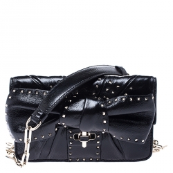 Pre Owned Valentino Black Leather Rockstud Bow Chain Clutch